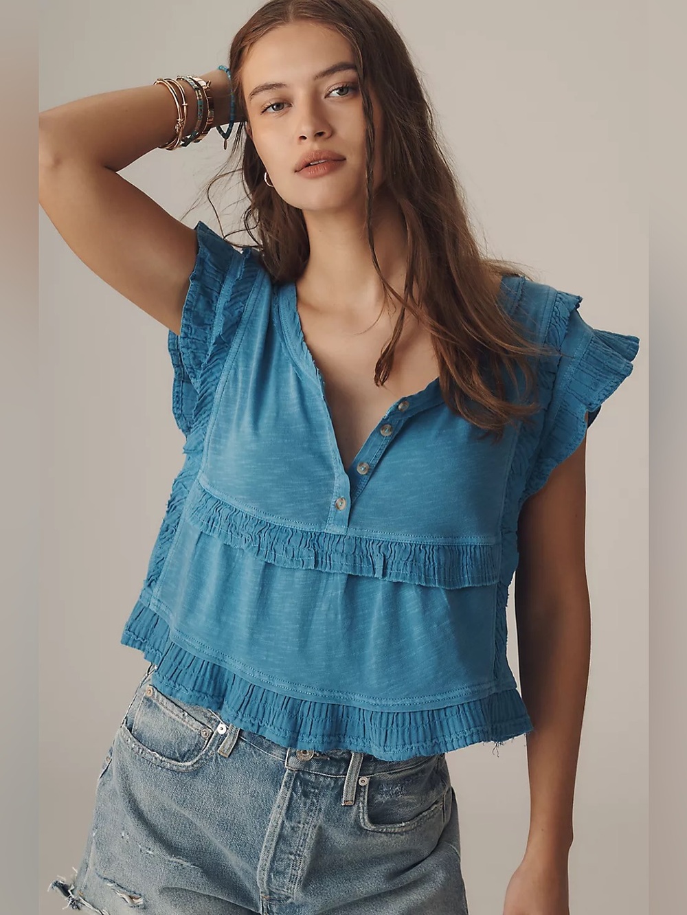 NWT Anthropologie Pilcro Ruffle-Trim Henley Baby T-shirt in Blue, XL